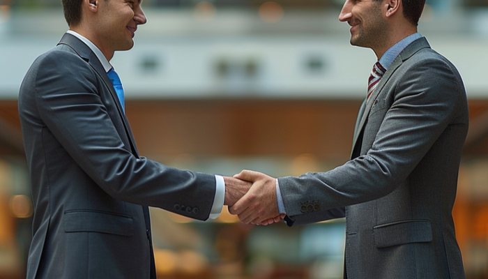 Dos ejecutivos de traje estrechando la mano tras cerrar un acuerdo